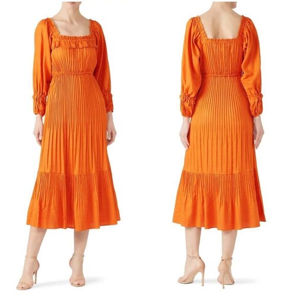 NICHOLAS | Orange Linen Blend Prairie Style Midi Dress Women’s Size 10 - Picture 1 of 13